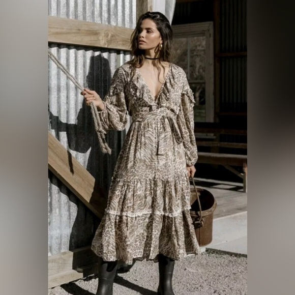 Spell Dresses & Skirts - NWT Spell Beige Animal Print Long Sleeve Dress